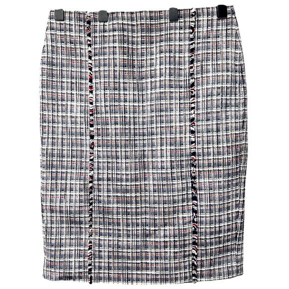 J Crew Womens Blue White Red Tweed Plaid Pencil Work Skirt Fringe Detail Size 12 - Picture 1 of 5